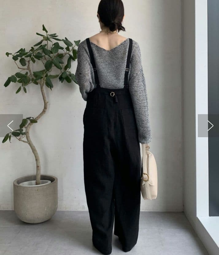 DouDou リネン フロントジップ サロペット ブラック