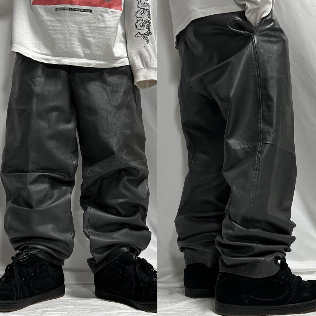 90s Vintage ラムスキン レザーパンツ バギー テーパード 墨黒
