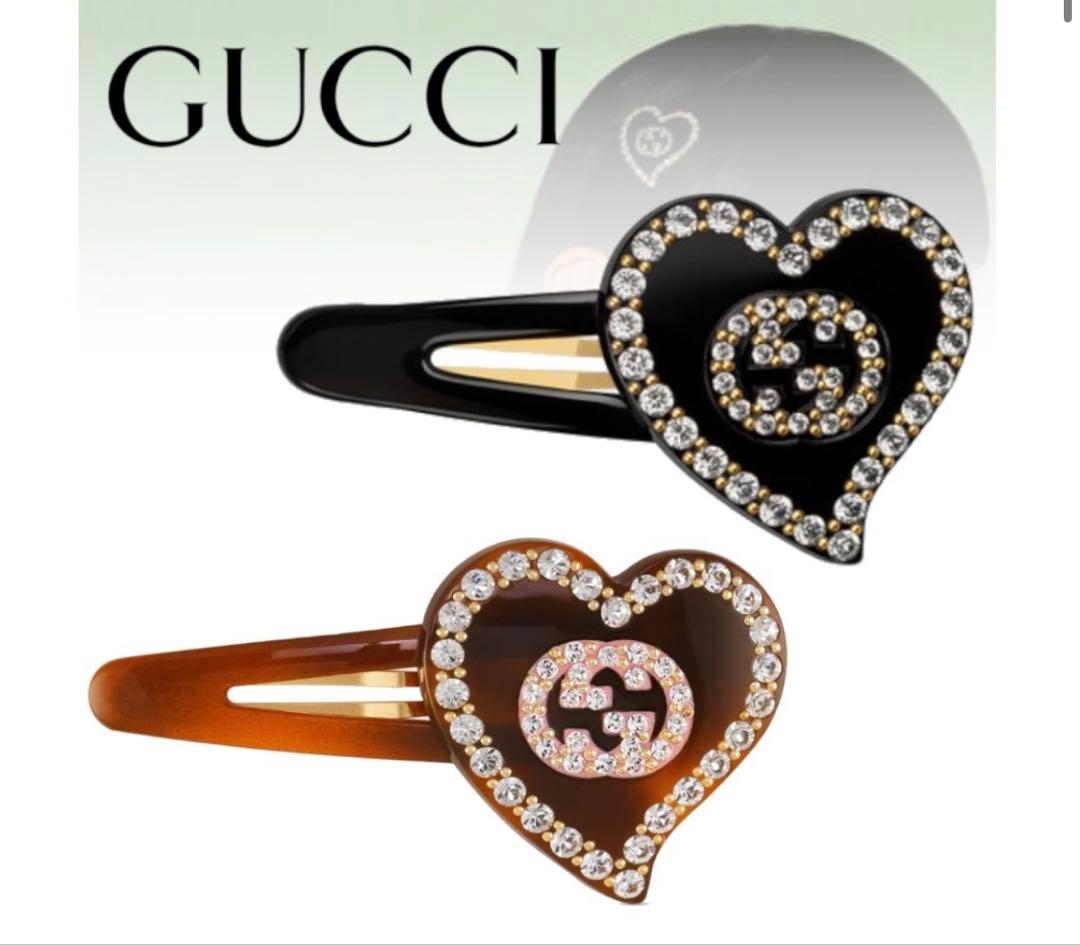 GUCCI インターロッキングG ハート ヘアクリップ　ヘアピン　ブラウン