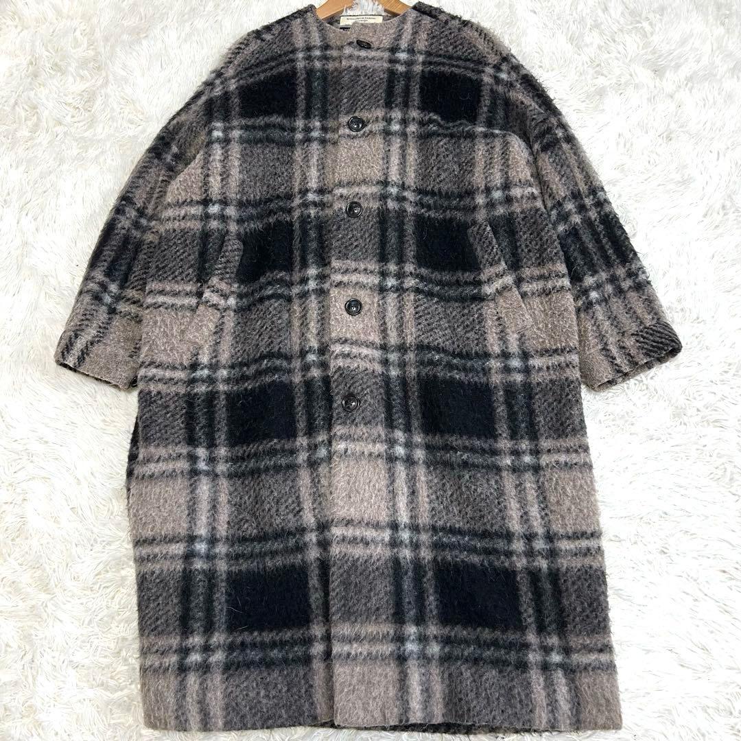 ビームスボーイ スライバーニット タータンチェック ノーカラーコート