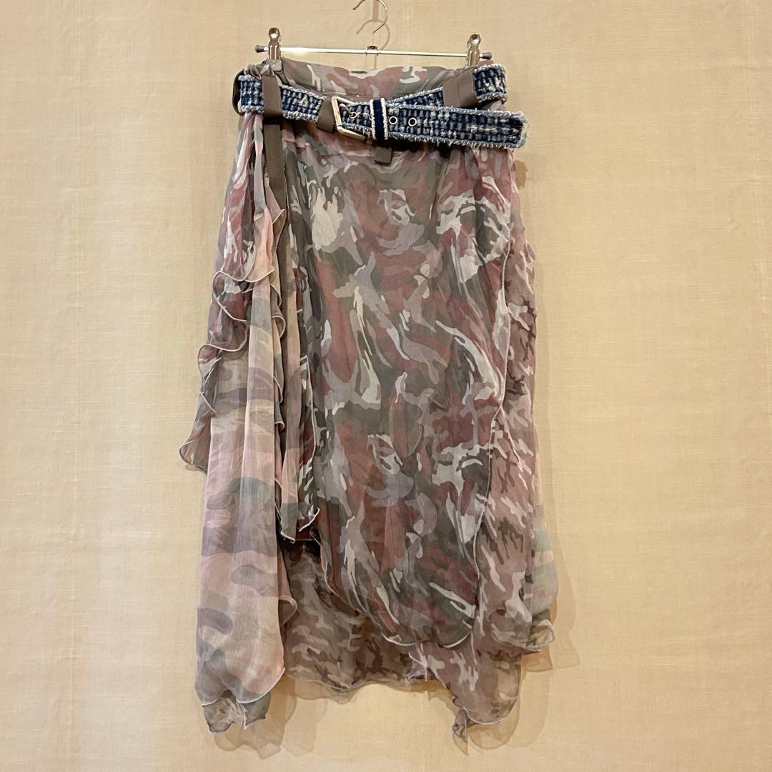 SIESEL カモフラージュ柄 フレアスカート デニムベルト付き
