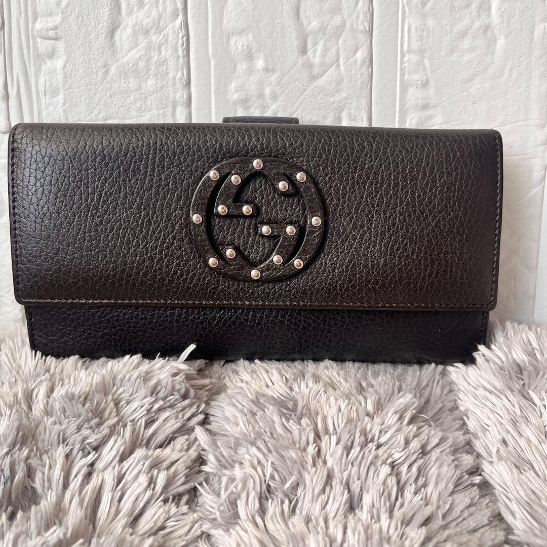 極美品✨GUCCI インターロッキング　長財布　シボレザー　ブラウン　Wホック