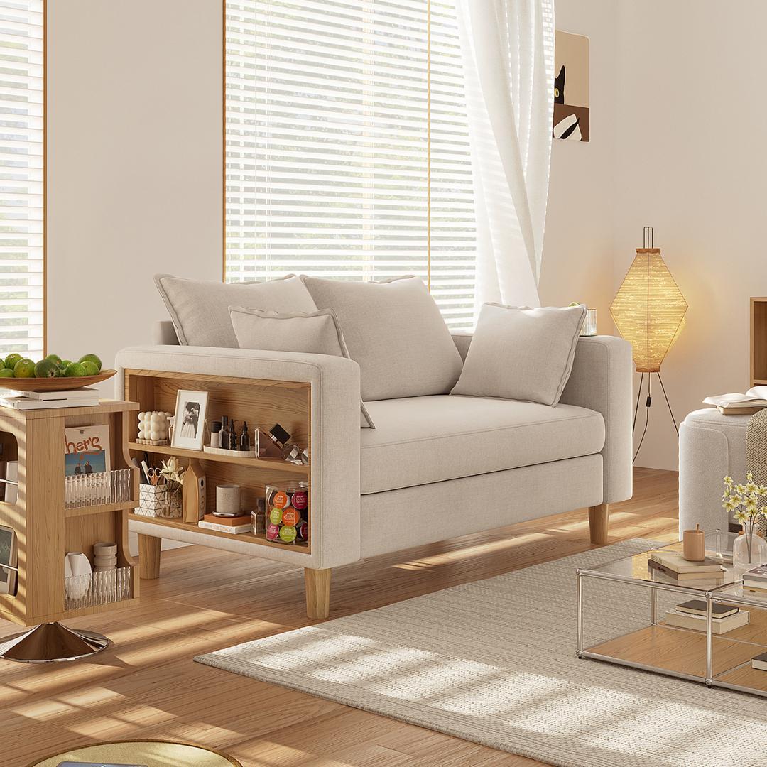 二人掛け 収納ソファー 多機能アームレスト（カップホルダー付） 幅123cm