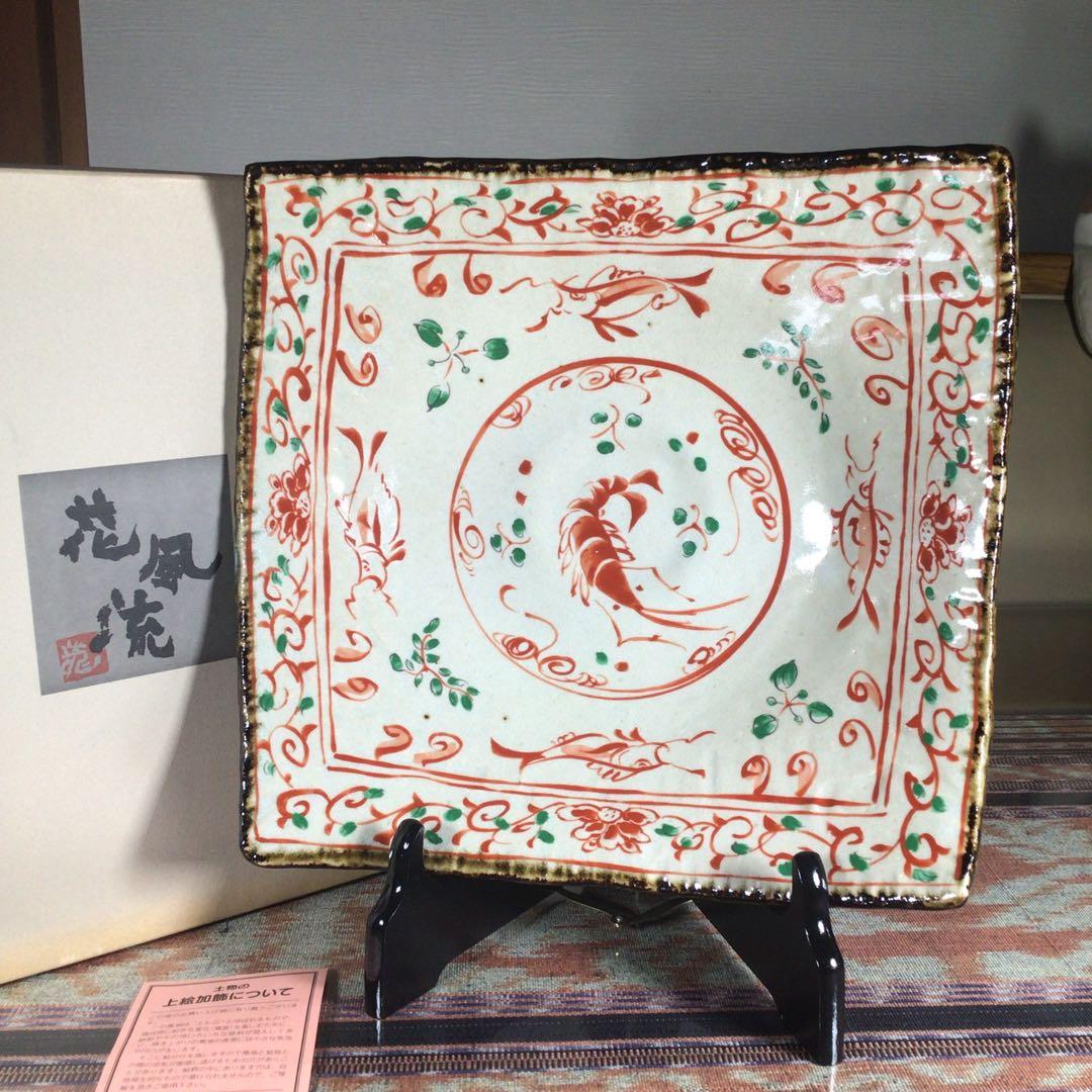 つみき　(龍峰)　花風流　『古赤絵　正角盛鉢』　大鉢