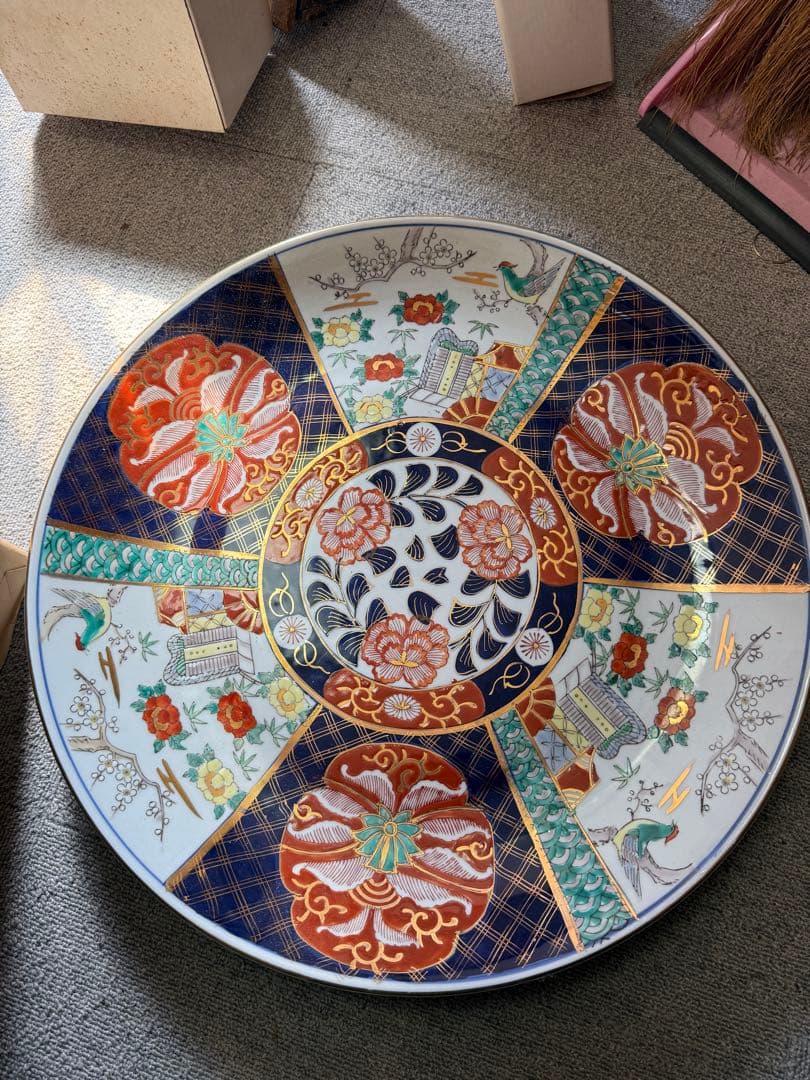 古伊万里 金襴手 花鳥楼閣文 大皿 明治初期 色絵飾皿 支釘跡五点 無銘 有田焼