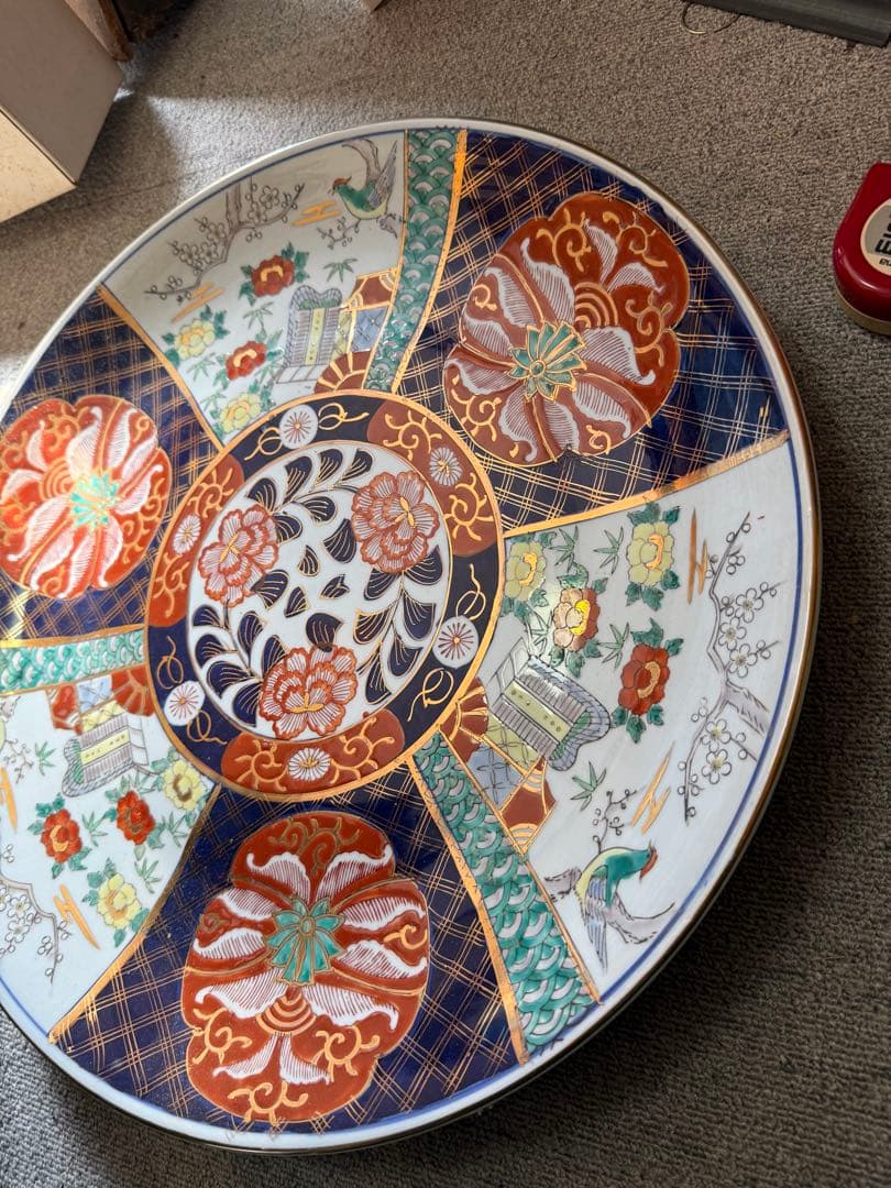 古伊万里 金襴手 花鳥楼閣文 大皿 明治初期 色絵飾皿 支釘跡五点 無銘 有田焼