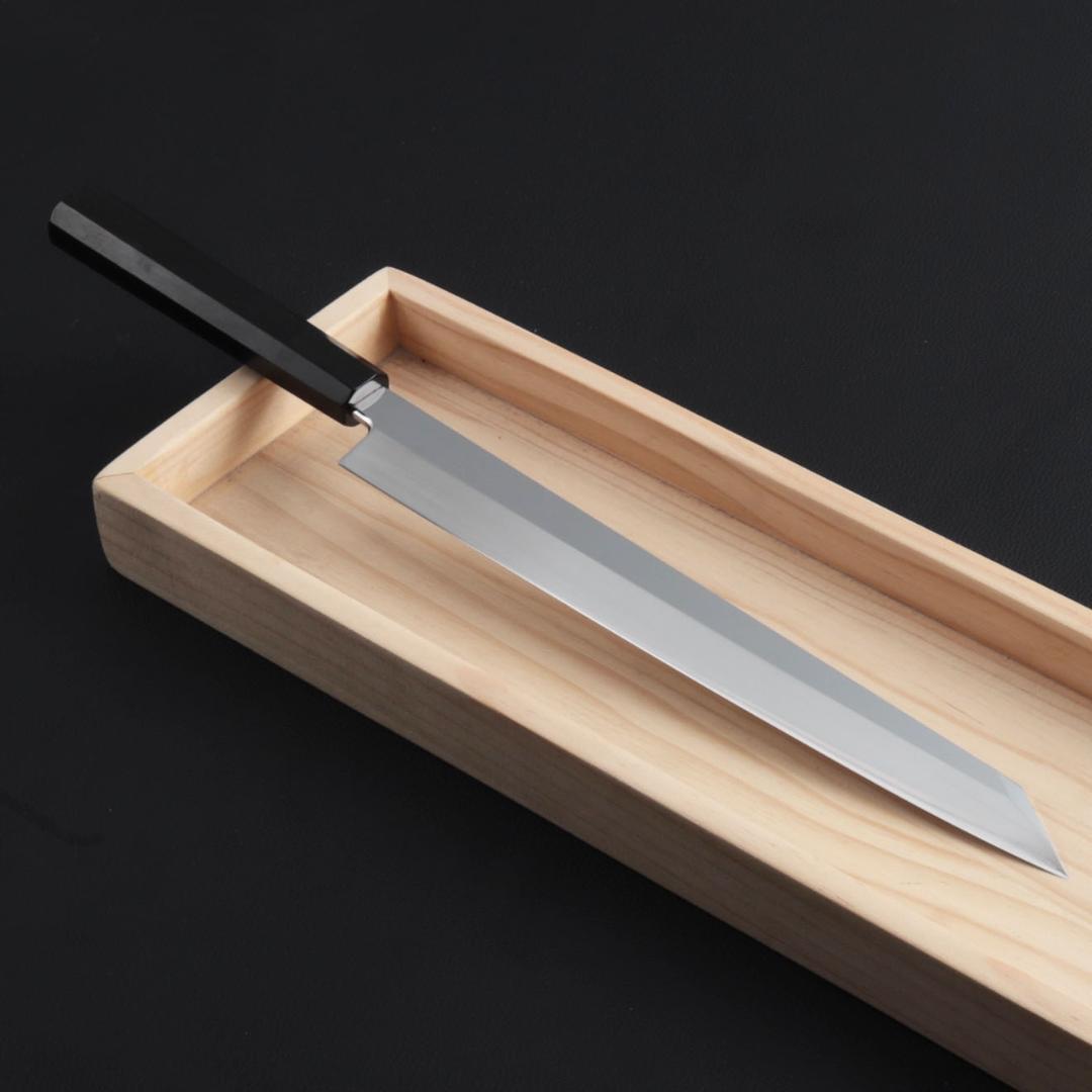 8743切付柳刃包丁9寸鏡面仕上げ刺身包丁 刃は究極の切れ味 黒檀黒水牛角八角柄