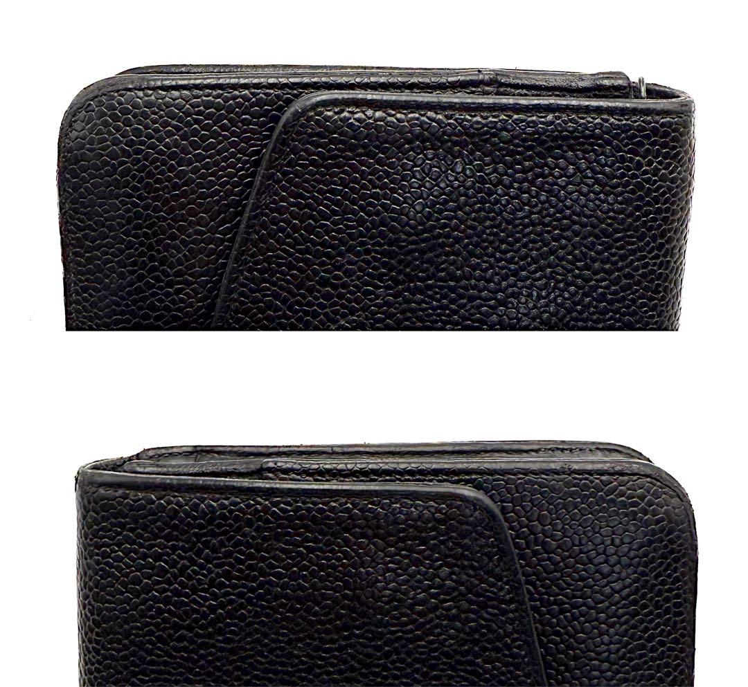 CHANEL キャビアスキン 二つ折り 財布ブルー チェーン付