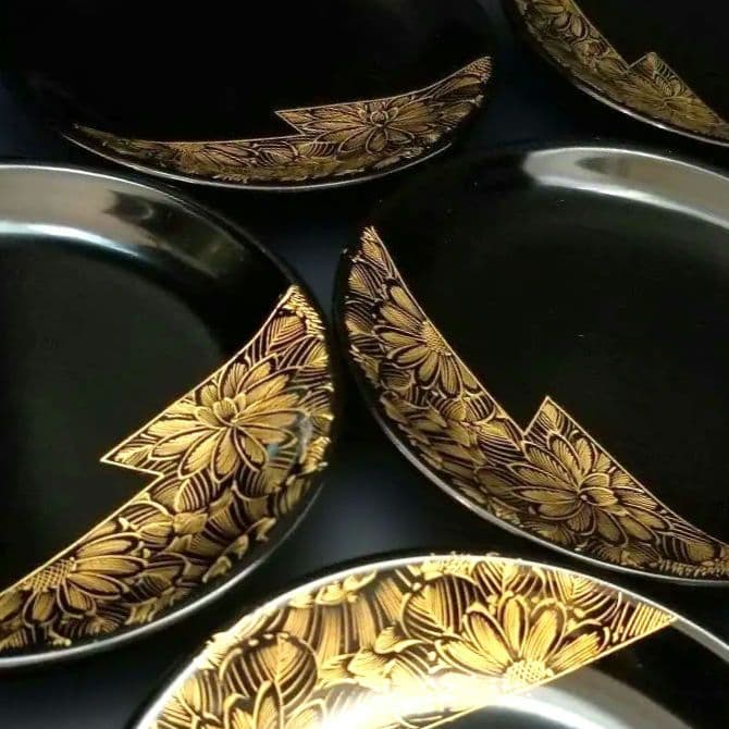 輪島塗 黒漆 沈金 金菊蒔絵 中皿 5枚セット