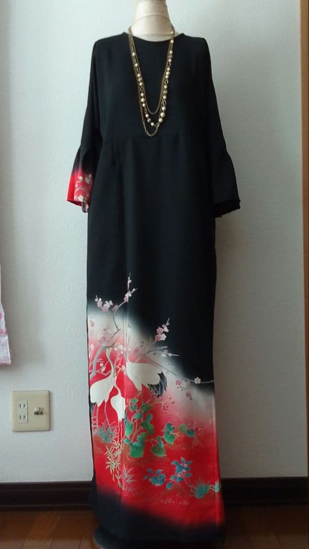 のん 着物リメイクワンピース 留袖ドレス鶴 落款あり作家物