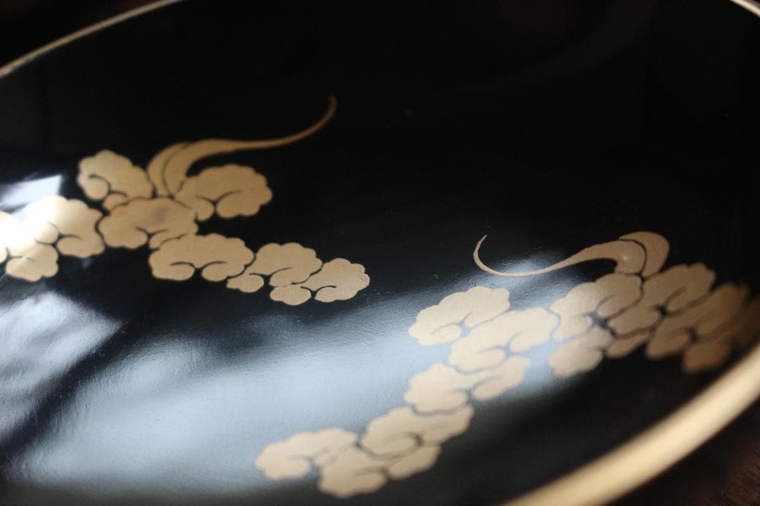 高台縁傷のみ！時代金縁黒漆に極上雲鶴蒔絵の映える煮物椀2点（検京塗輪島塗雑煮椀