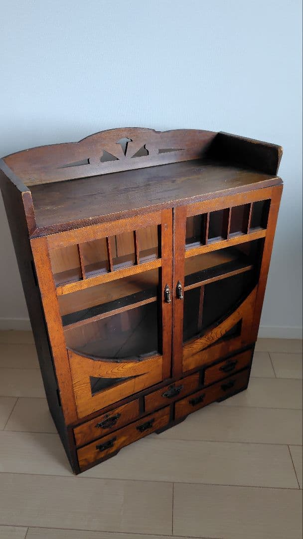 古家具　昭和レトロ　アンティーク 木製ガラス扉収納棚