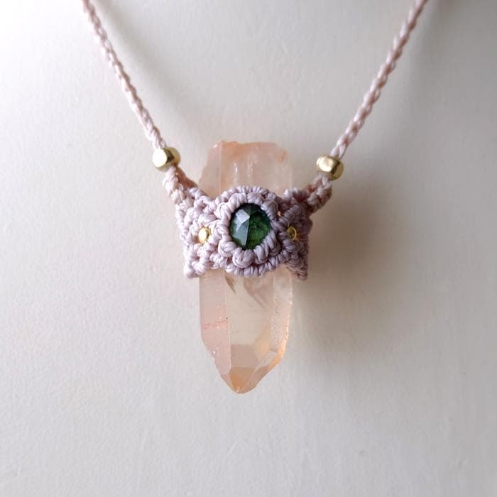 タンジェリンレムリアンクォーツ ・グリーントルマリン マクラメペンダント3691