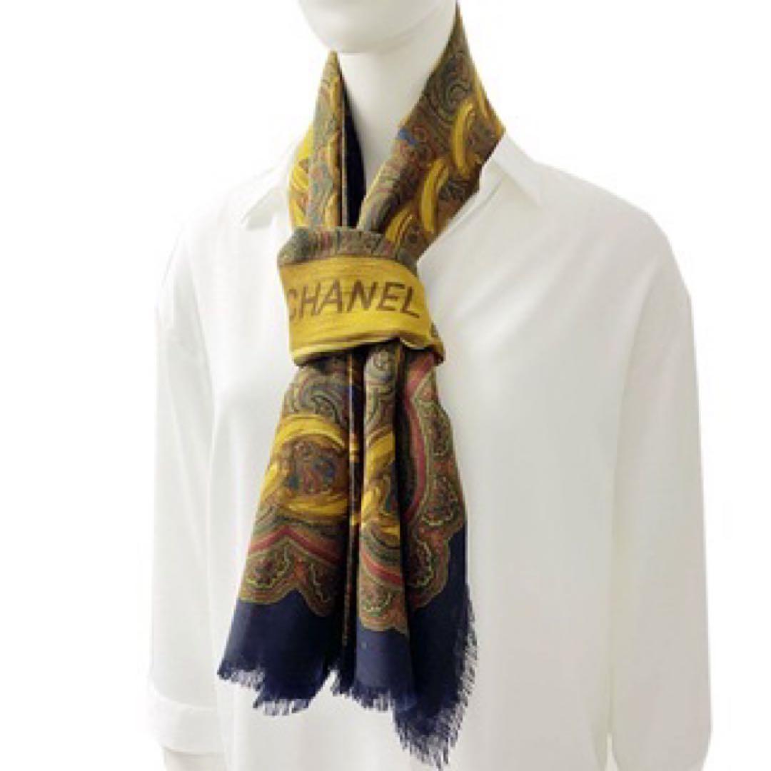美品　CHANEL 大判ストール ペイズリー シルク/カシミア ブラウン系