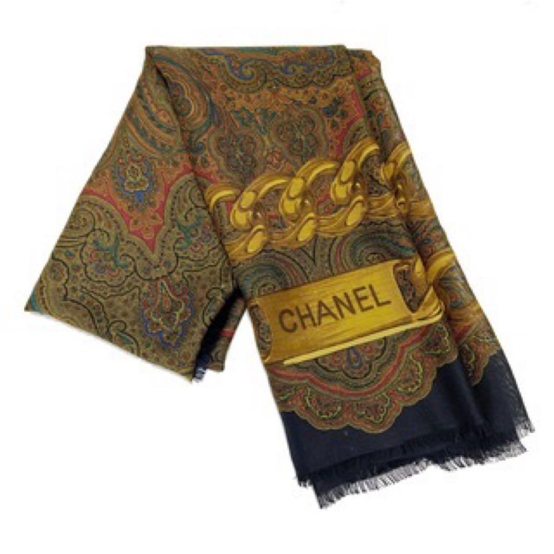 美品　CHANEL 大判ストール ペイズリー シルク/カシミア ブラウン系