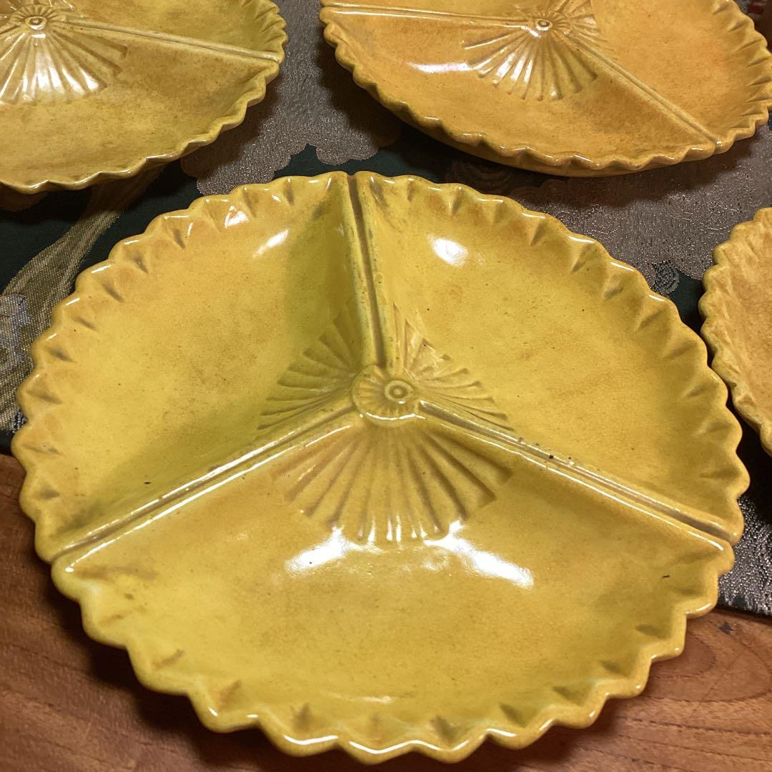 【特別出品】　懐石道具　黄交趾焼　源内焼　三つ扇皿　　５枚揃　供箱