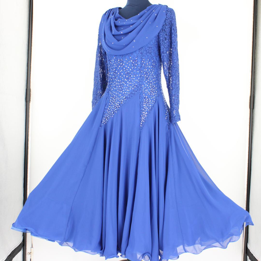 【社交ダンス用衣装 美品】ロイヤルブルー ラインストーン付き ドレス ワンピース