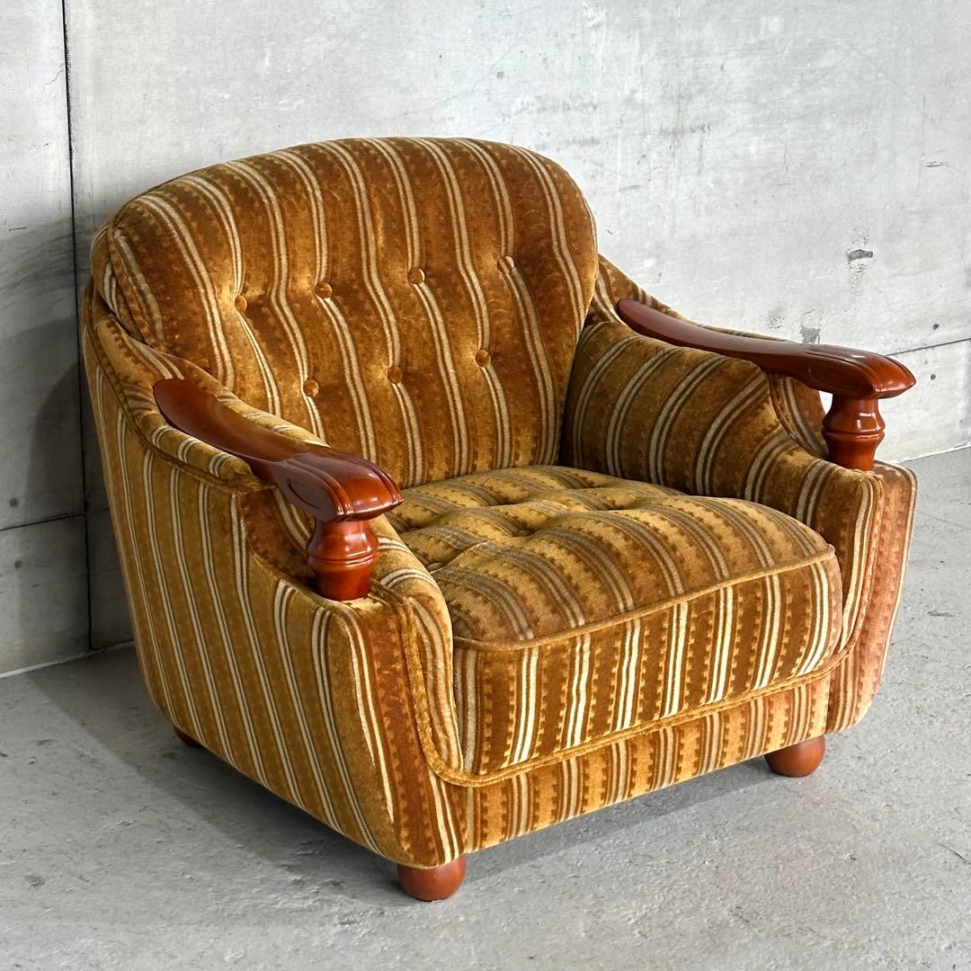 ★70s★昭和レトロ 応接ソファ｜純喫茶風 ストライプ ベロア 木肘アームチェア