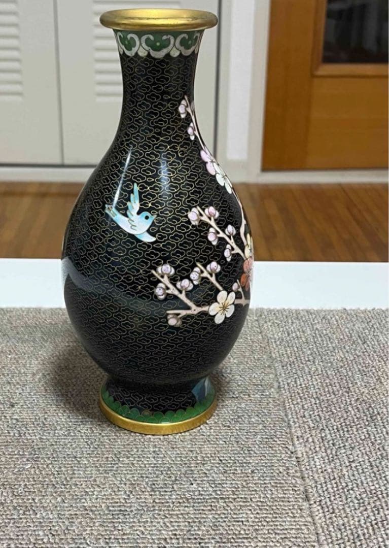 桜と鳥の装飾 陶器花瓶　中国美術 七宝焼 景泰藍　花瓶細工 アンティーク 骨董品