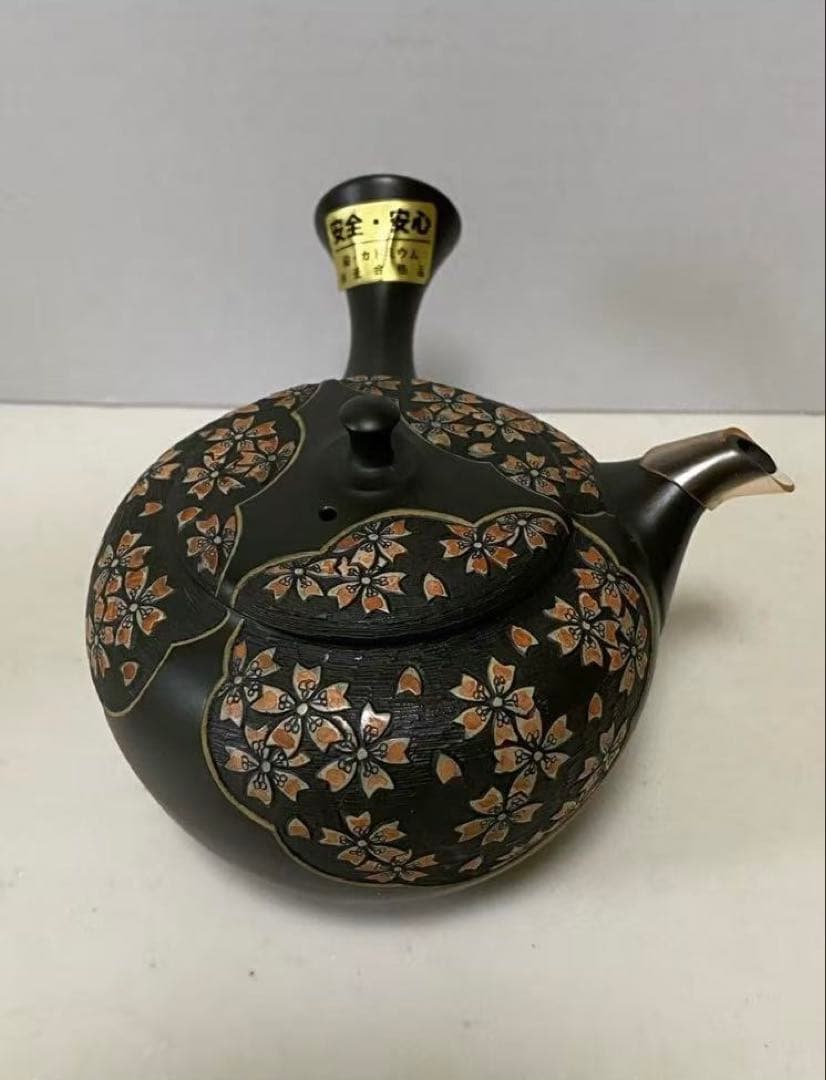 13号 緑泥丸形桜彫急須舜園 常滑燒 陶磁器 二代間野舜園 在銘