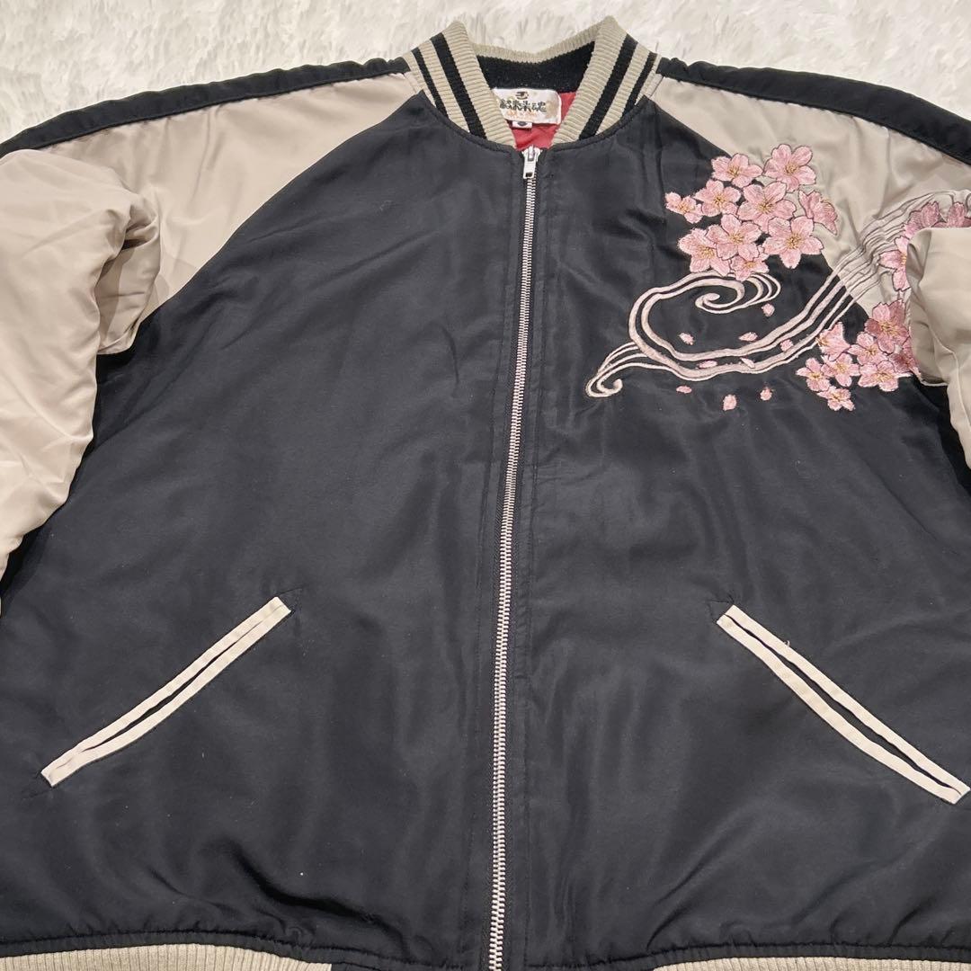 絡繰魂 スカジャン 桜×龍 刺繍 ブラック×グレー 和柄 メンズ Lサイズ
