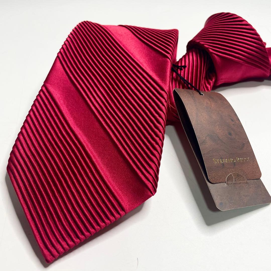 ステファノリッチ プリーツネクタイ ロイヤルレッド シルク ソリッド 未使用