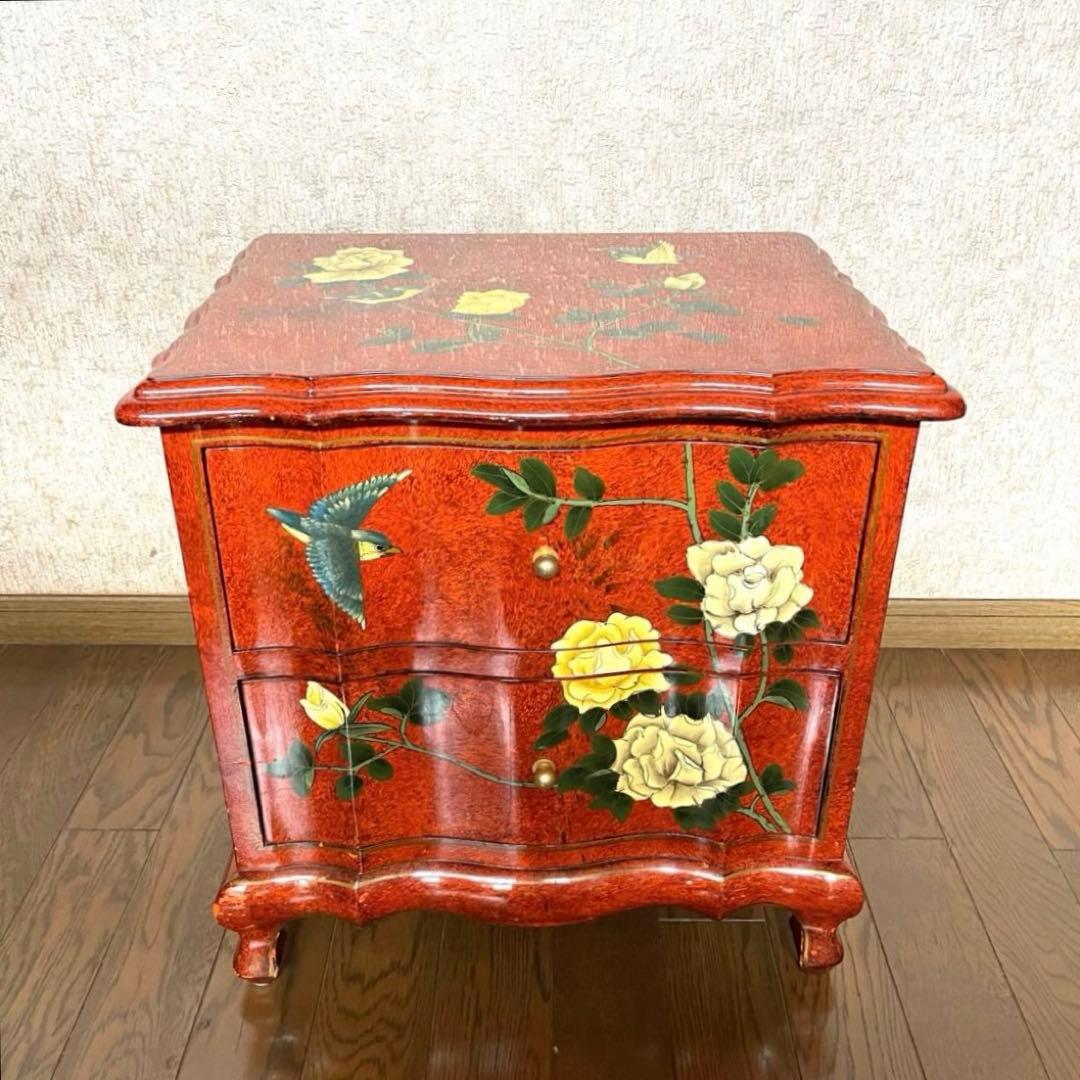 【ヴィンテージ・キャビネット】40X56X58 赤花と鳥の装飾箪笥　アジアン家具
