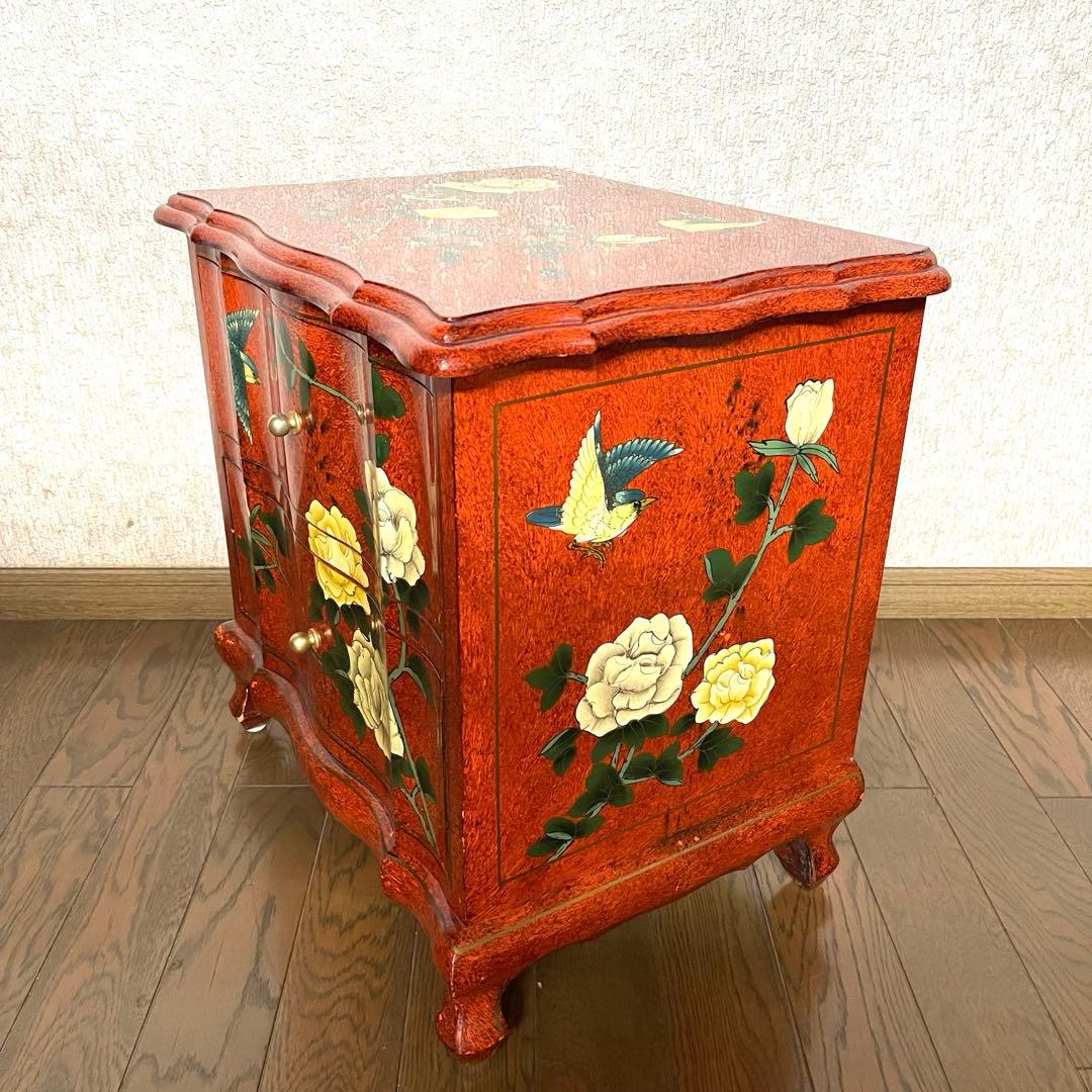 【ヴィンテージ・キャビネット】40X56X58 赤花と鳥の装飾箪笥　アジアン家具