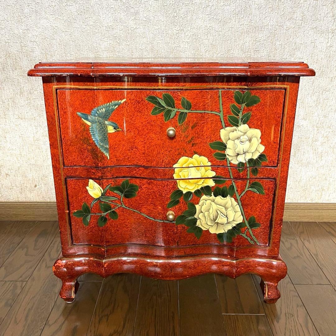 【ヴィンテージ・キャビネット】40X56X58 赤花と鳥の装飾箪笥　アジアン家具
