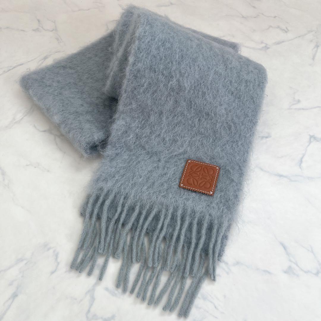 LOEWE ロエベ モヘヤ ウール マフラー アナグラム レザー ロゴ