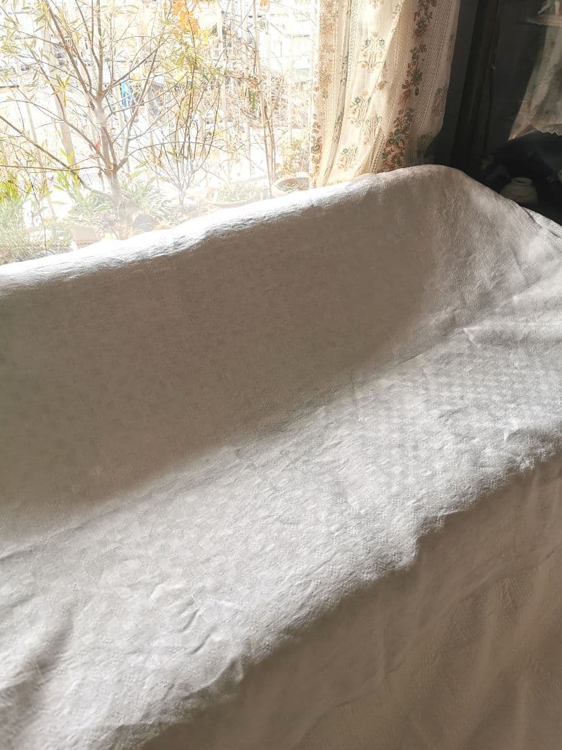 アンティーク フランス1880頃 幾何学模様ダマスク織り天然リネン ラージクロス