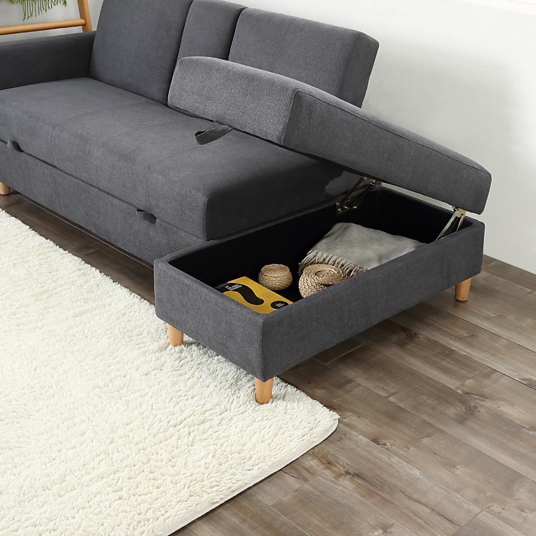 ソファー3人掛け ソファ多機能収納機能引き出しオットマンおしゃれ【ダークグレー】