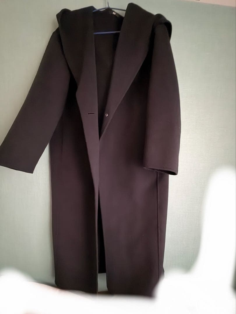 プラステ　ウールブレンドフード付きロングコート ネイビー