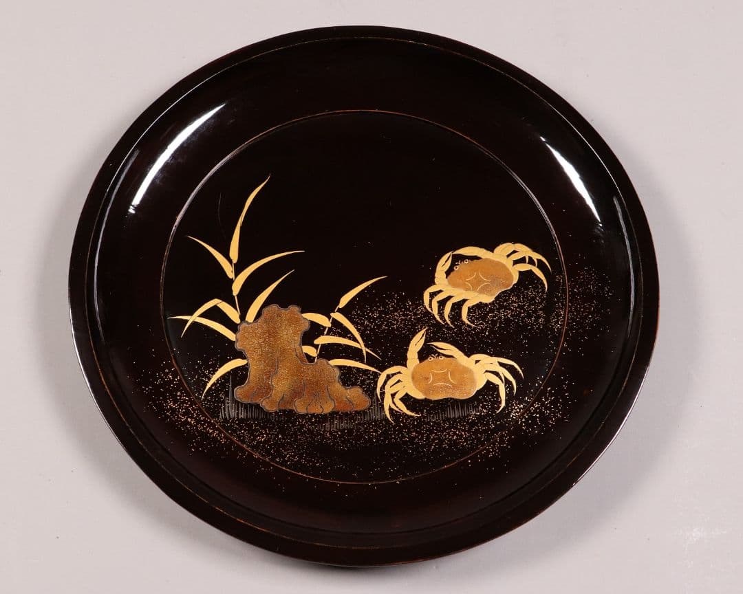 CK91 木製漆器 蟹蘆金蒔絵 黒塗 大徳寺盆 五客 24.5cm 木皿 菓子盆