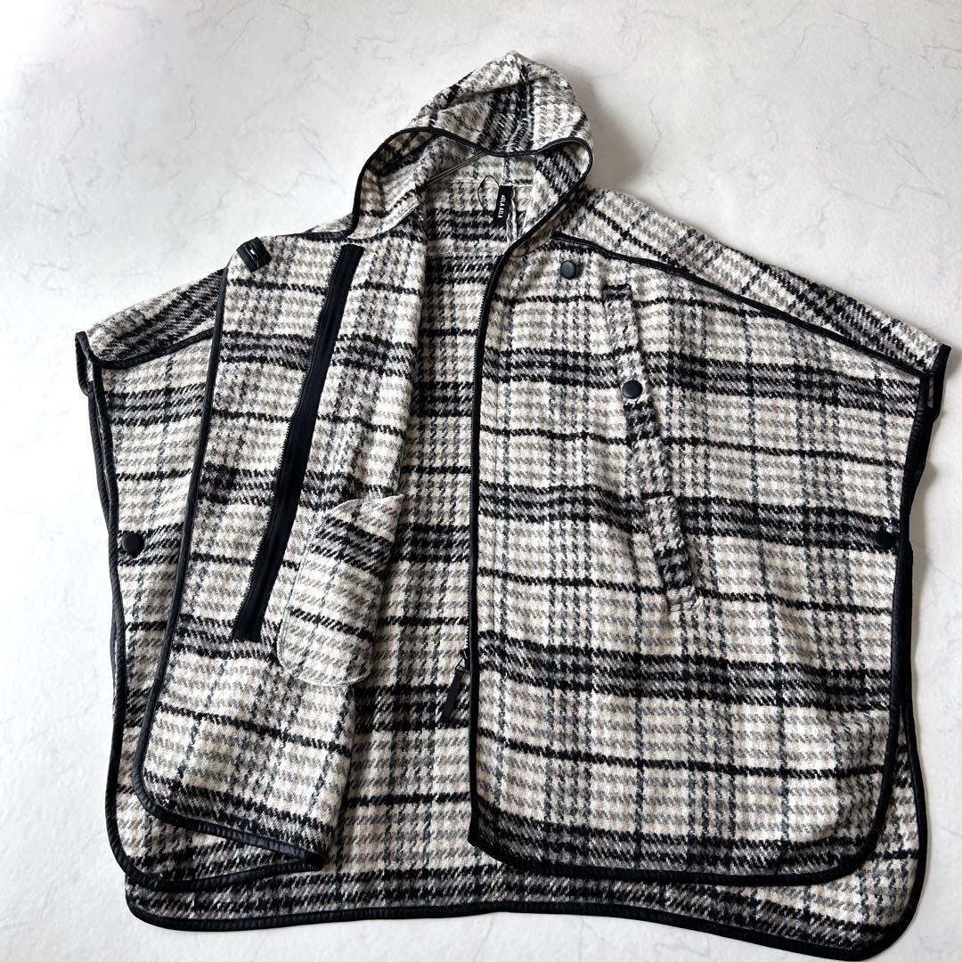 未使用級 アウラアイラ AULA AIL チェック ウール ロングポンチョコート