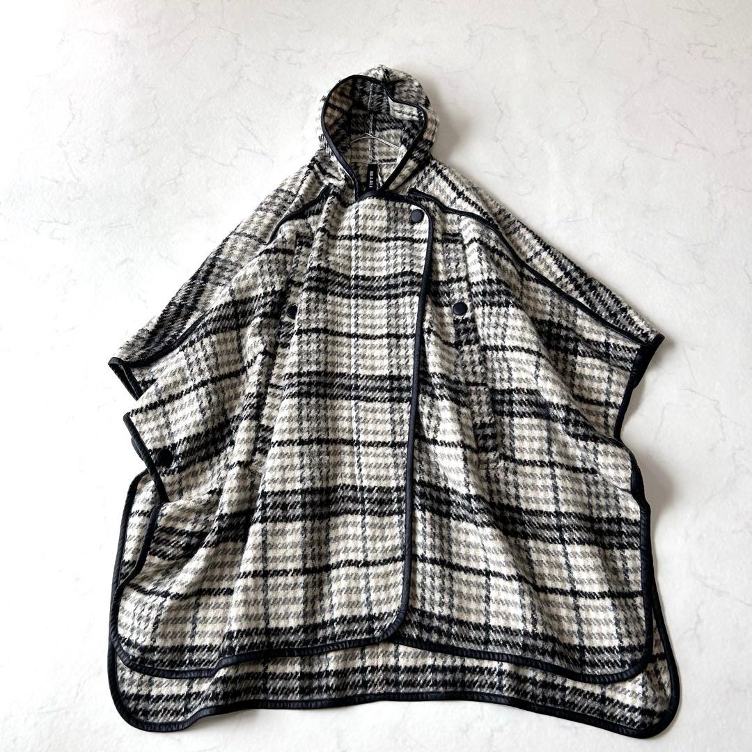 未使用級 アウラアイラ AULA AIL チェック ウール ロングポンチョコート