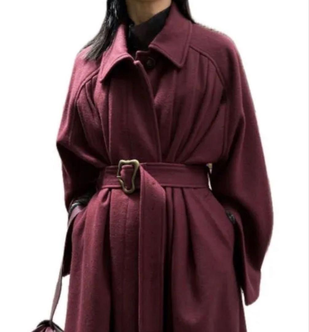 AMERI【フロントギャザーオープンスリーブコート ／バーガンディS】