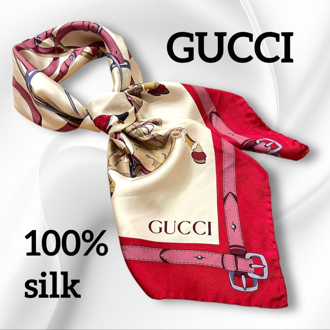 GUCCI グッチ シルク 大判 スカーフ バンダナ 赤