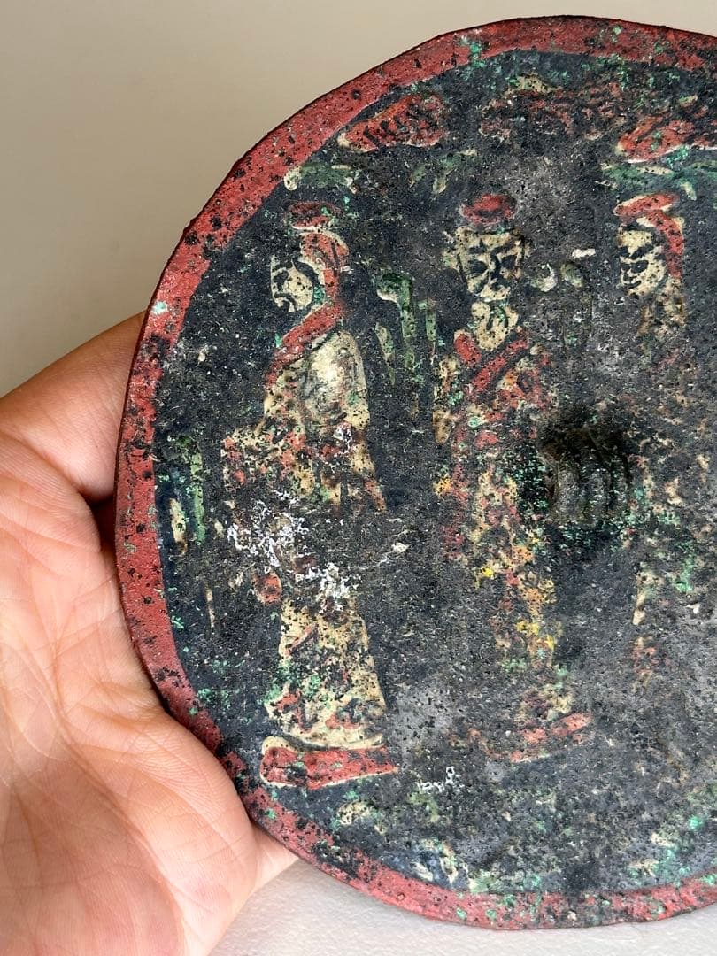 明時代　彩絵人物銅鏡 時代物 民俗装飾