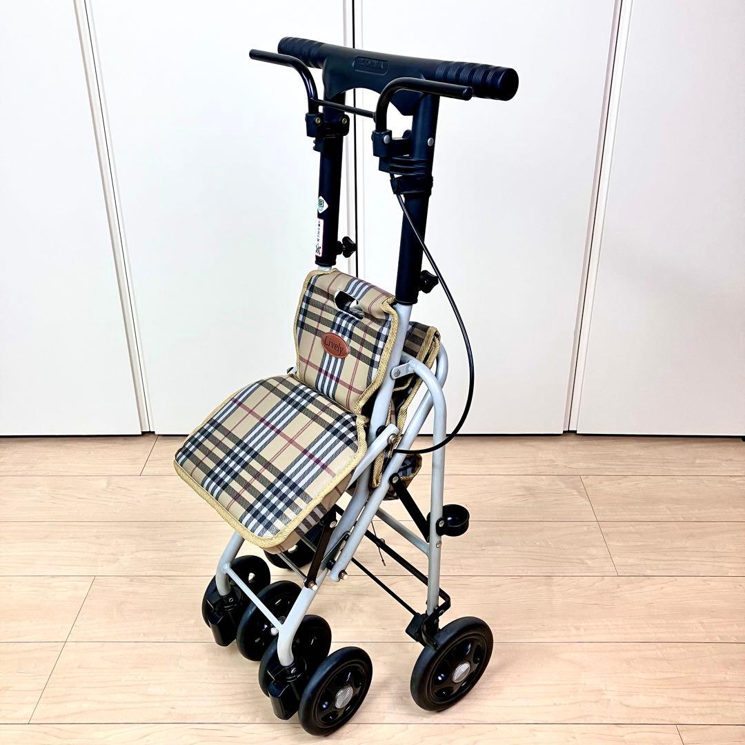 幸和製作所　Lively　座れるシルバーカー　折りたたみ　ベージュ　チェック柄