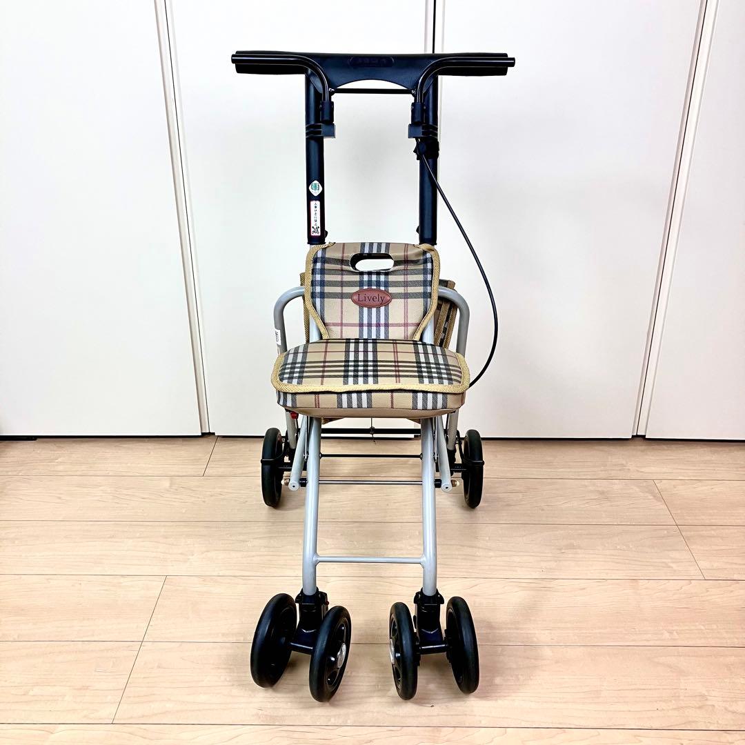 幸和製作所　Lively　座れるシルバーカー　折りたたみ　ベージュ　チェック柄