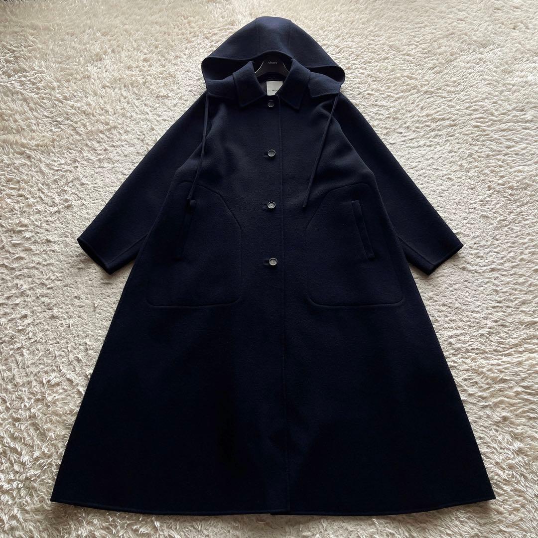 エブール フーデッドコート ロングコート マキシ丈 ウール ネイビー 36サイズ