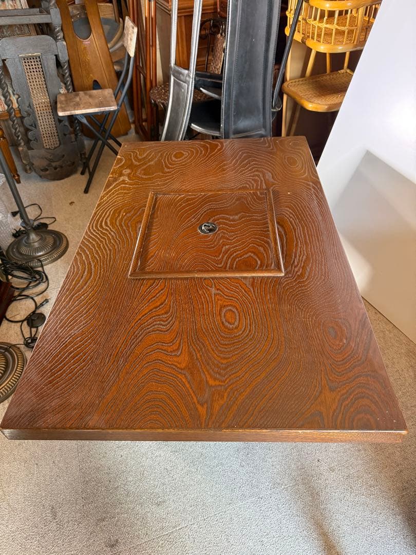 引取限定！　銅製火鉢付 囲炉裏テーブル 昭和レトロ 木製 当時物　現状品