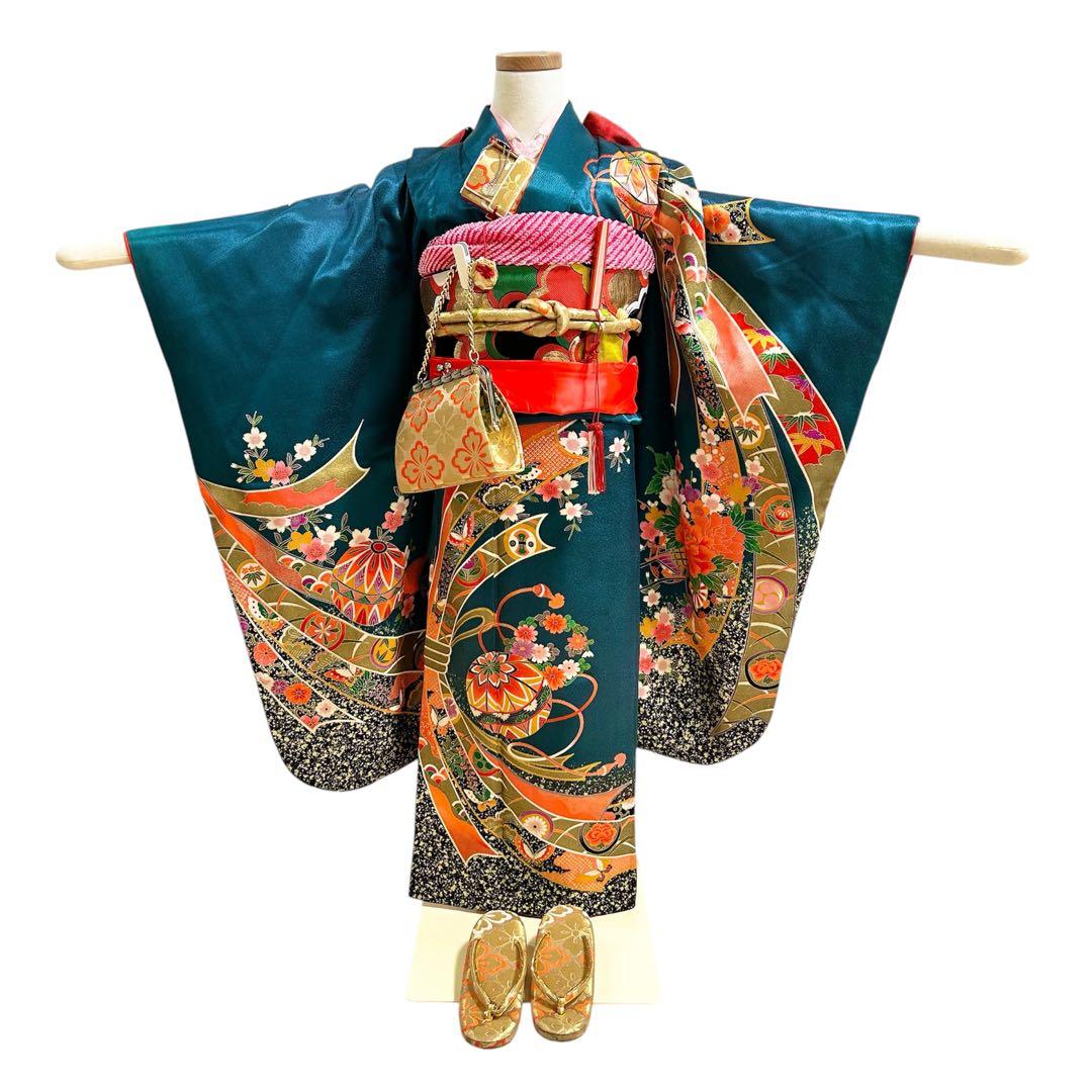 七五三　着物　7歳　女の子　13点セット　深緑　束ね熨斗　花車　四季草花　金彩
