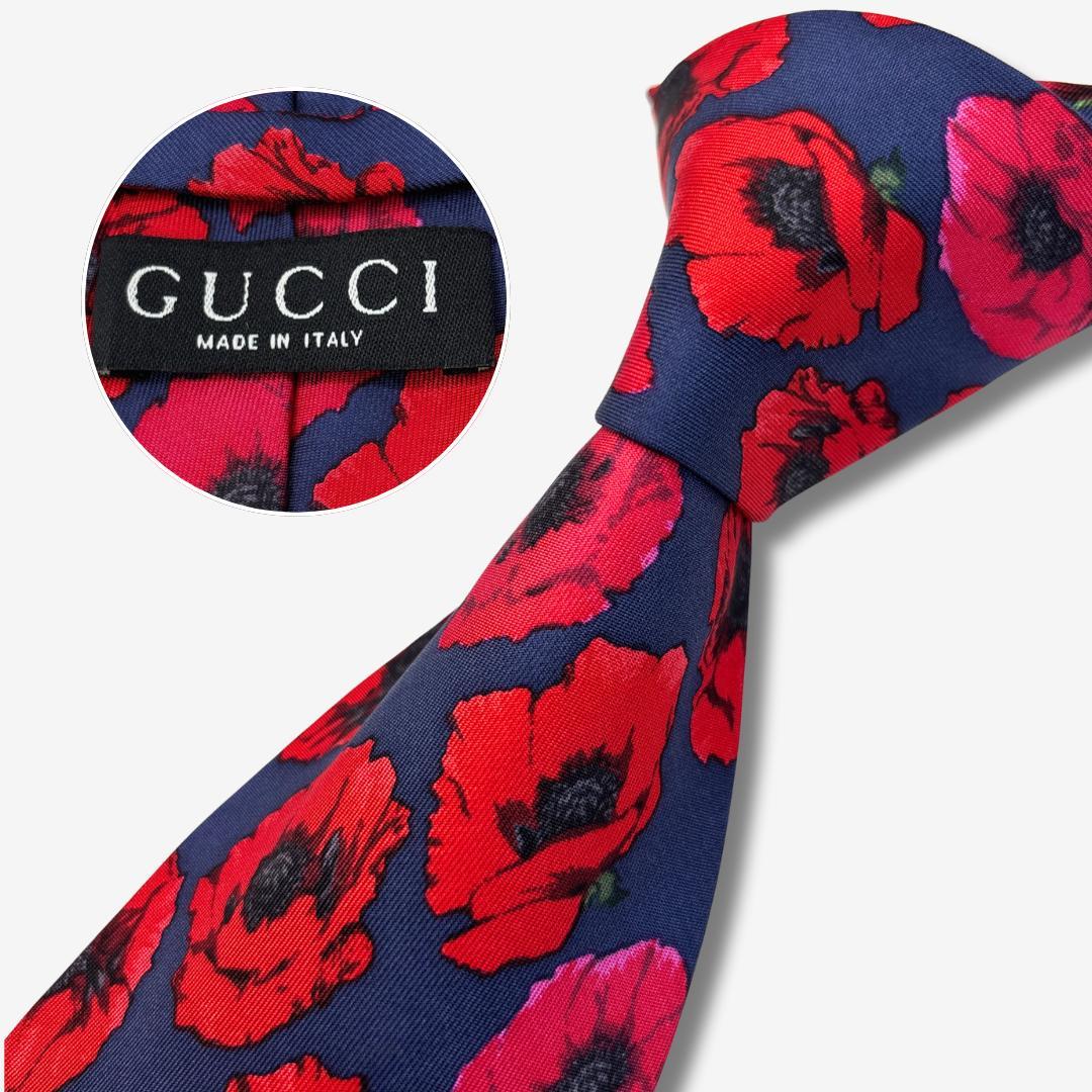 GUCCI シルクネクタイ フラワー柄 ポピー ネイビー×レッド