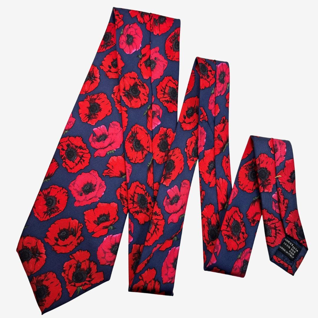GUCCI シルクネクタイ フラワー柄 ポピー ネイビー×レッド