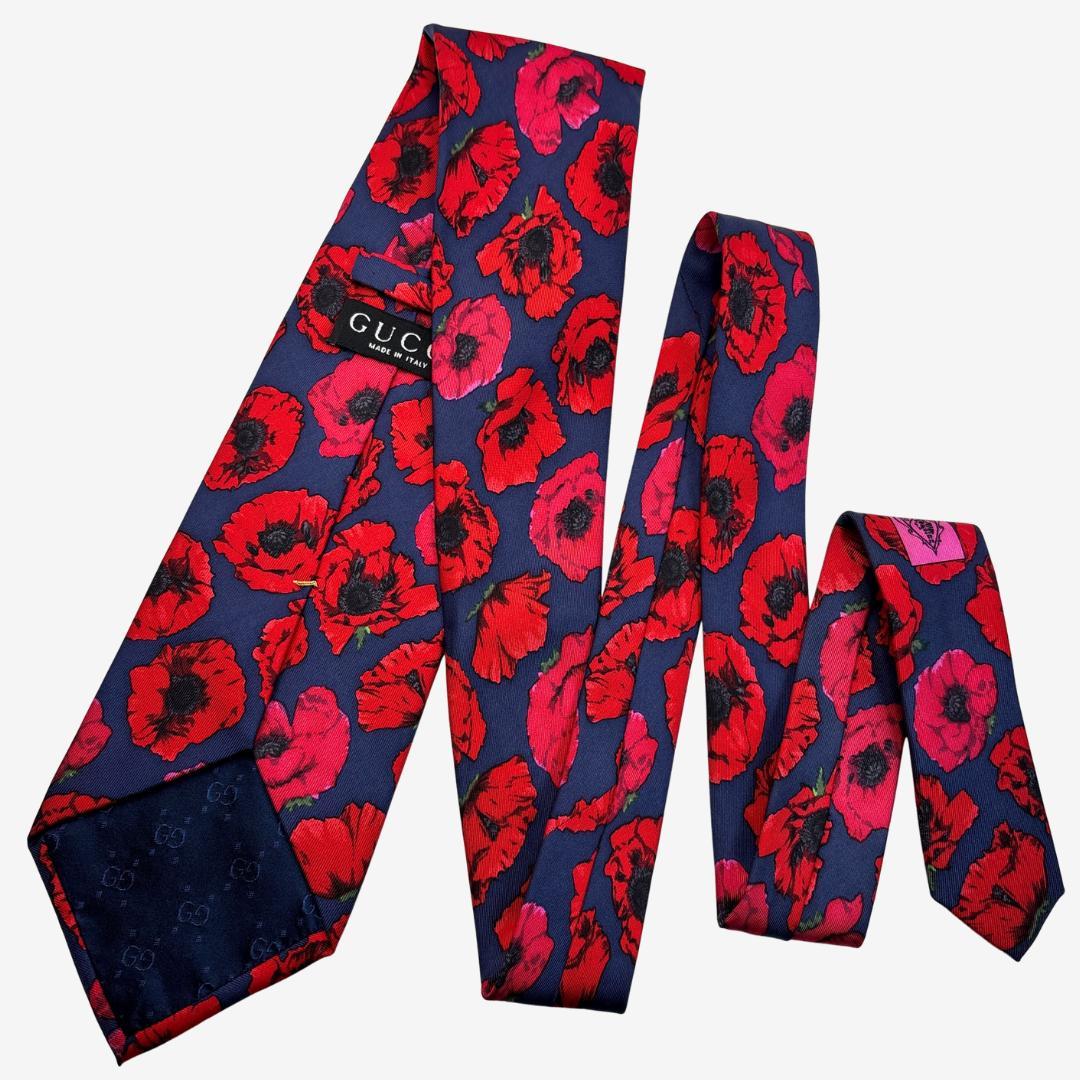 GUCCI シルクネクタイ フラワー柄 ポピー ネイビー×レッド