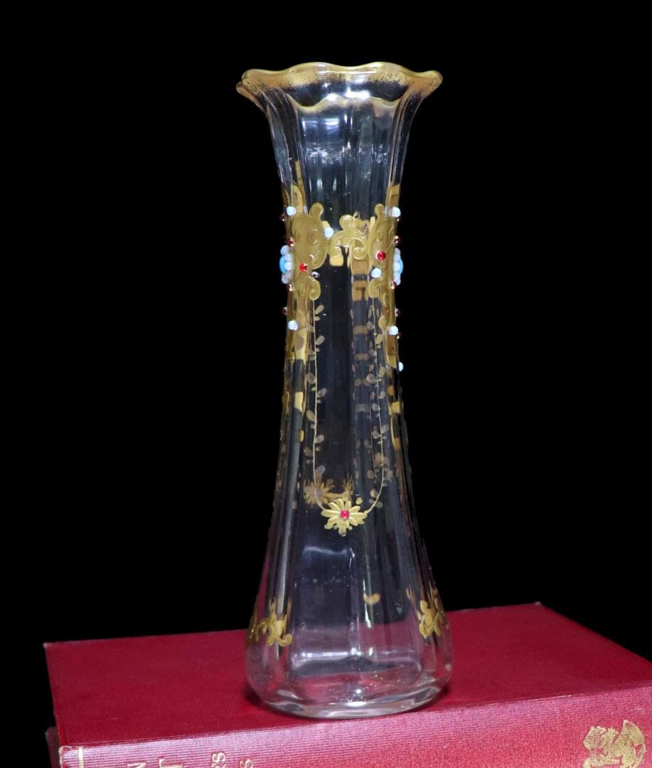 オールド・バカラ 1880年頃珍品 24金彩装飾エナメル彩ビジュー花瓶 ゴールド