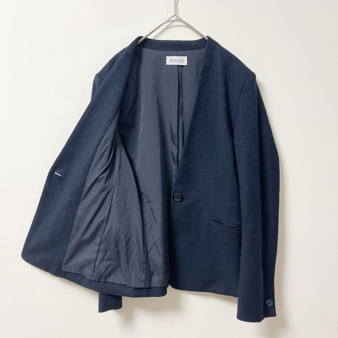PLST　セットアップ　レディース　M　ノーカラー　パンツスーツ　ネイビー