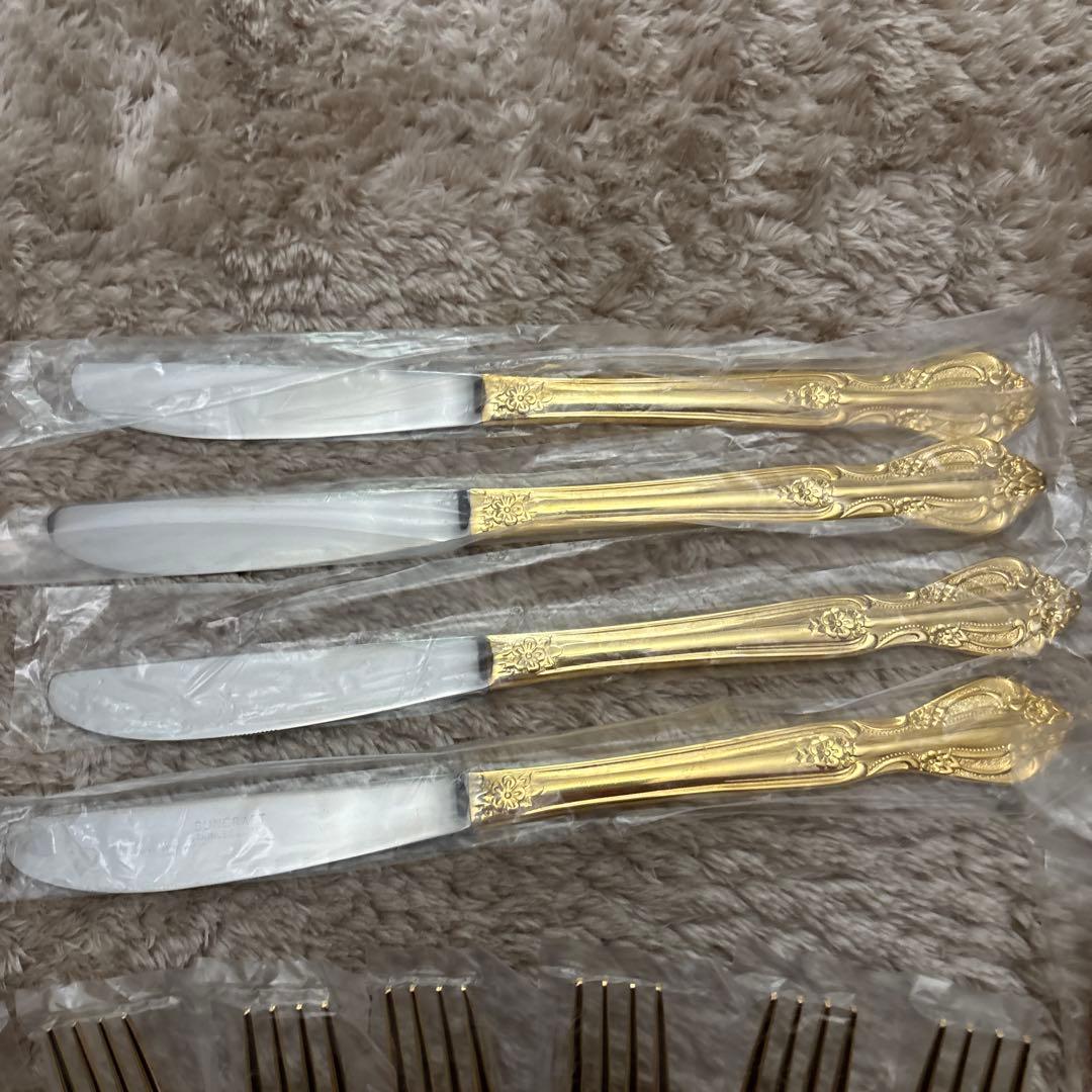 【未使用】サンクラフト 24金仕上げ カトラリーセット 55点 8客用 木箱付